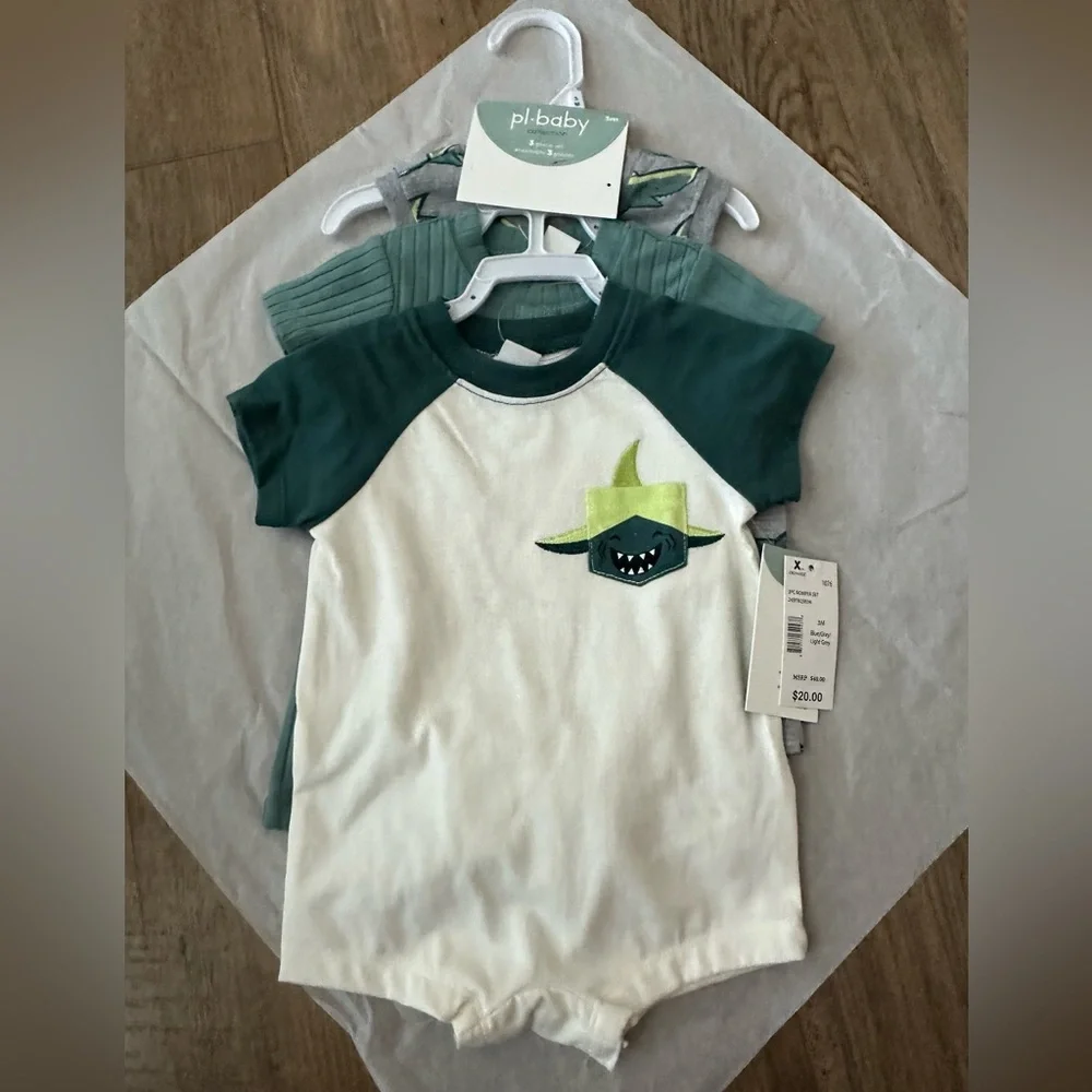 🦈💚 NWT PL Baby 3-Piece Romper Set Size 3M